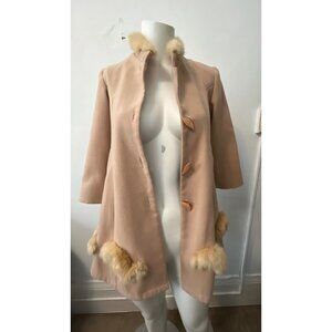 Vintage Hong Kong beige wool blend faux fur fur trim elegant pea coat Size small